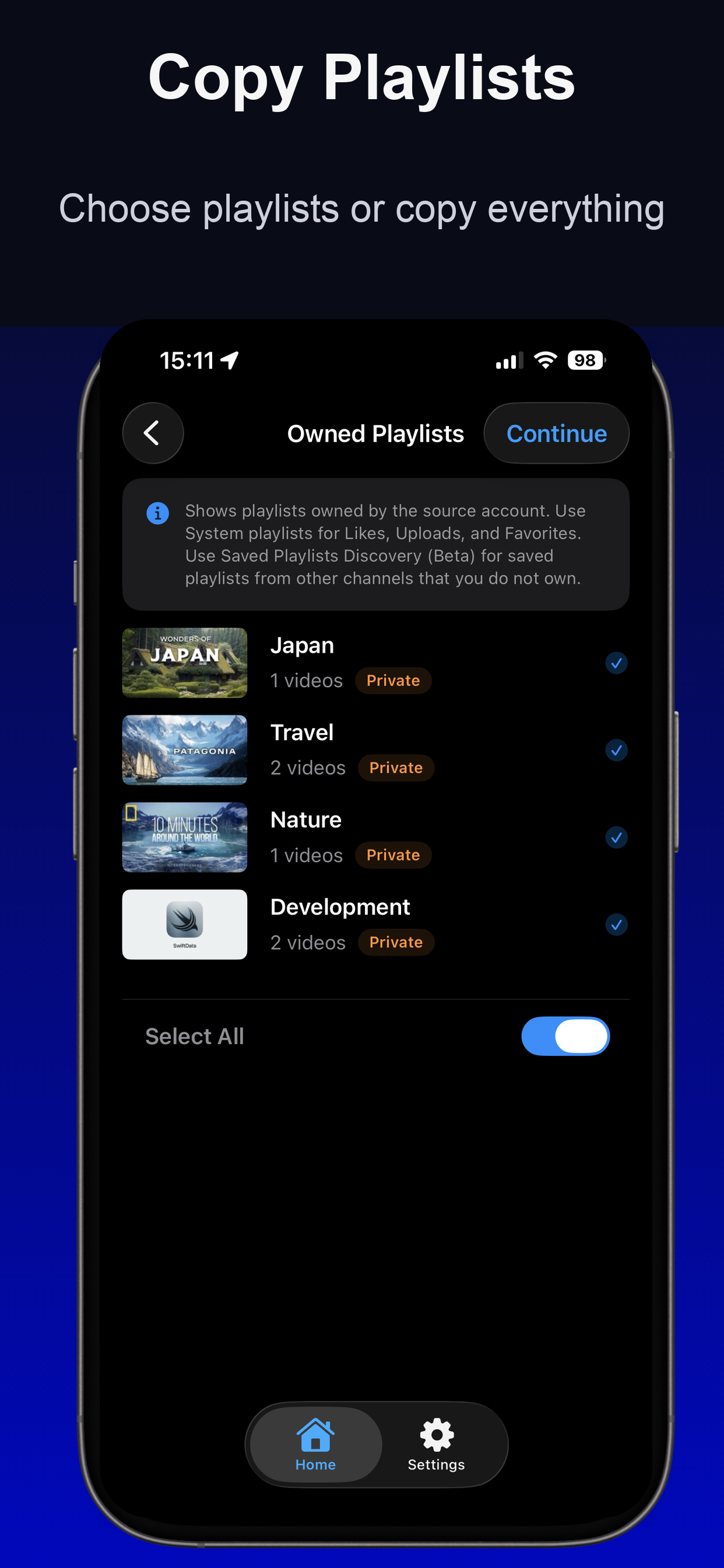 TubeTransfer screen showing playlist selection