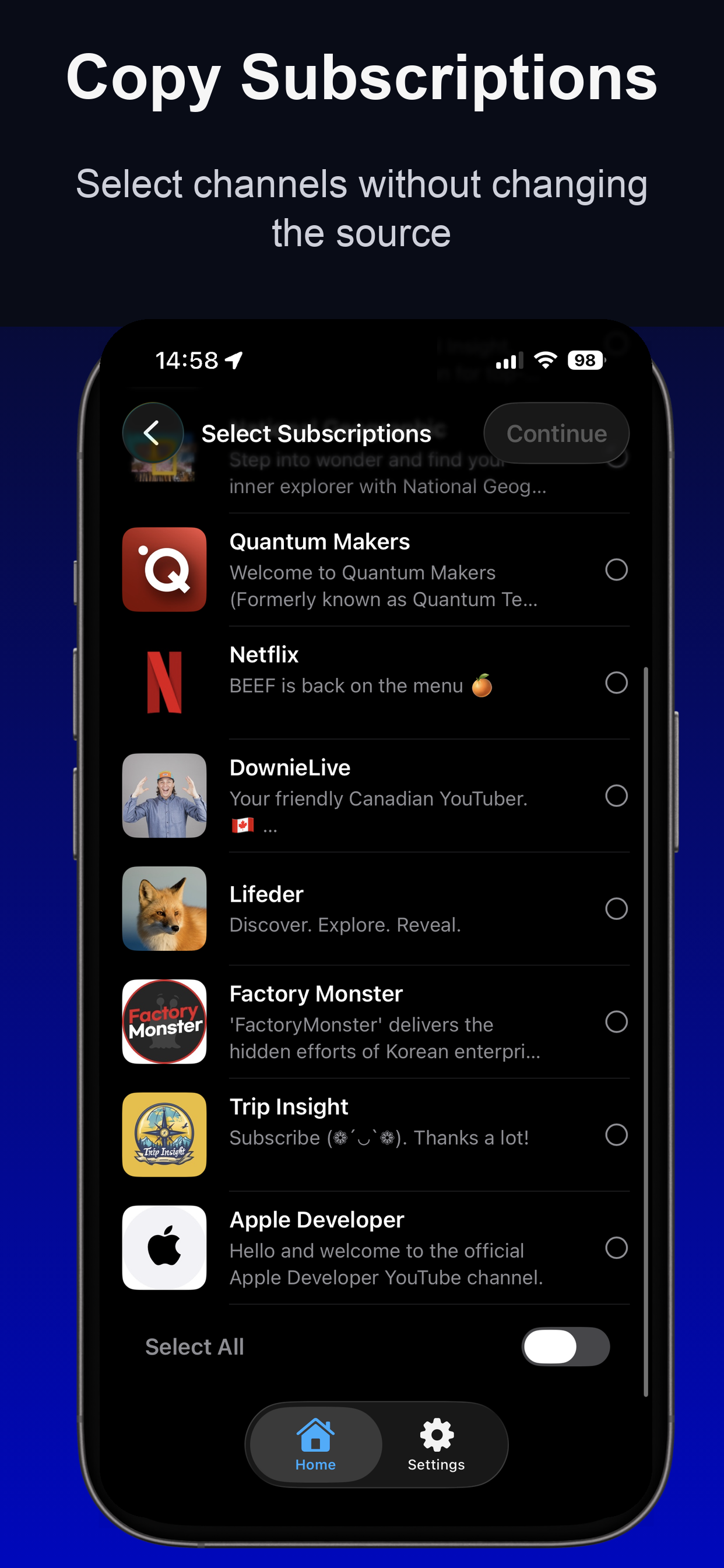 TubeTransfer screen showing subscription selection