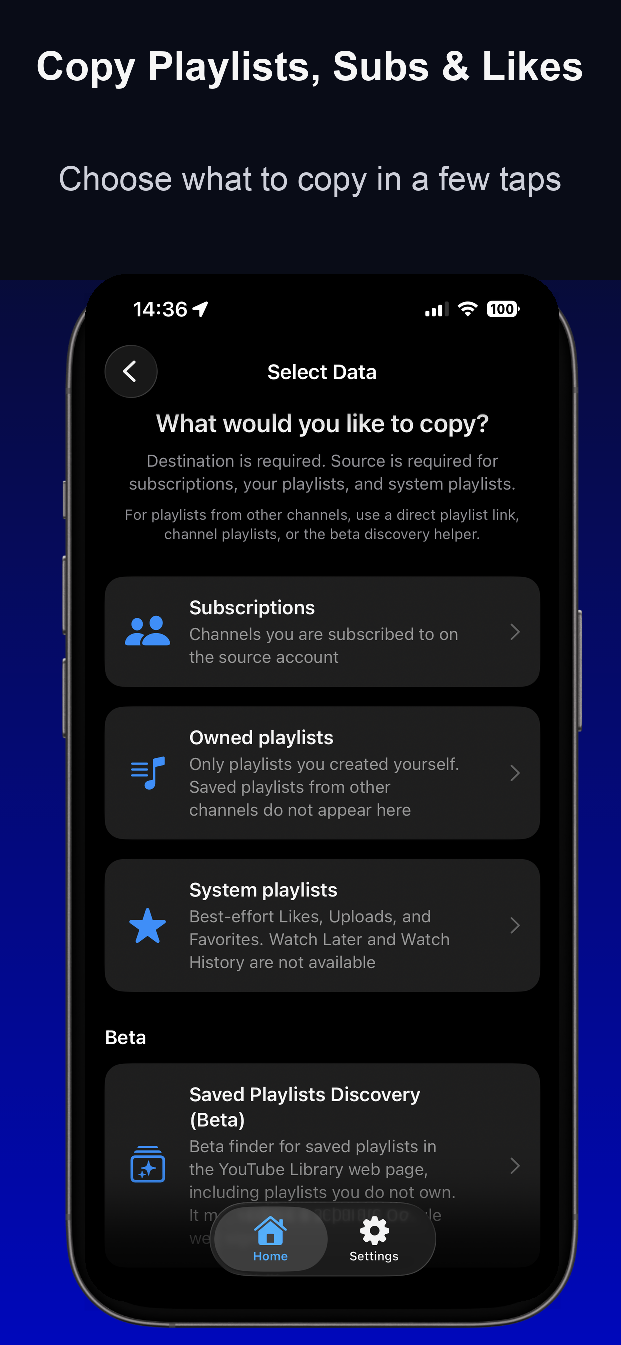 TubeTransfer screen for choosing what data to copy